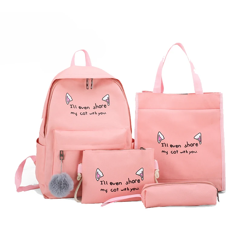 Wholesale Custom Cheap Price Cute Pink Canvas Schoolbag 4 in 1 Girls Bookbag School Backpack Bag Set For Student