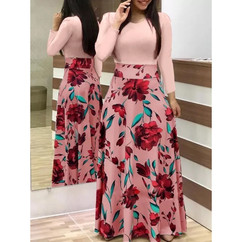 Spring Autumn Casual Robe Elegant Ladies Party Long Maxi Dress Women Short Sleeve Floral Print Dress