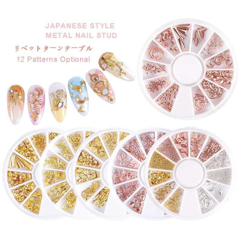 1 Box Gold Silver Metal Charms Nail Art Jewelry Star Moon Heart Alloy Rivets Nail Art Studs 3D UV Gel Nail Decoration in Wheel