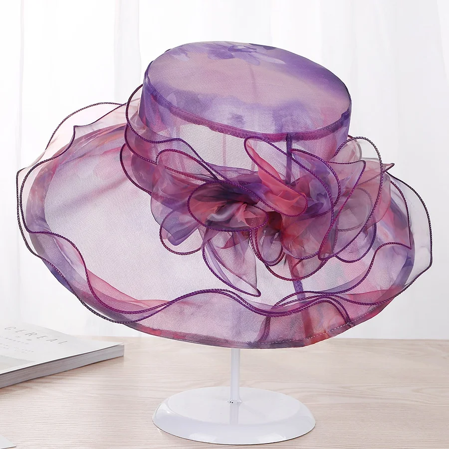 Western Style Wide Brim Women Church Kentucky Derby Fascinator For Tea Bride Dress Organza Mesh Party Wedding Hat