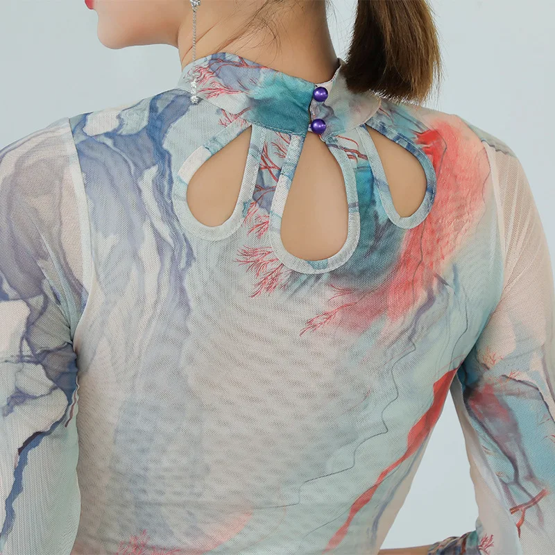 Wholesale New Chinoiserie colored ink wash high split Oriental belly dance performance cheongsam dress