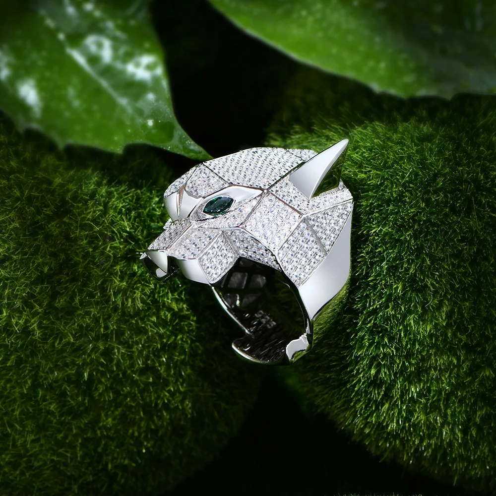 New full diamond leopard head ring, luxurious banquet in Europe and America, high-end pure silver wedding jewelry