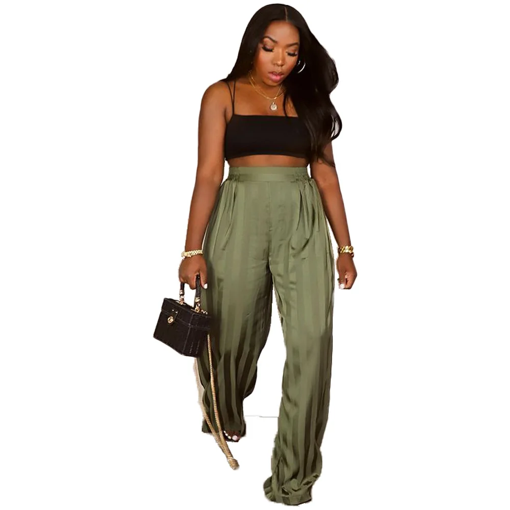 Fashion Trend Casual Satin Stripe Jacquard Full Length Trousers Woman Wide Leg Plus Size Pants