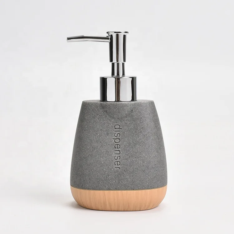 180ml 6oz Grey Concrete Effect and Hand-painted Wooden Grain Resin Soap Dispenser Bottle with Plastic Lotion Pump