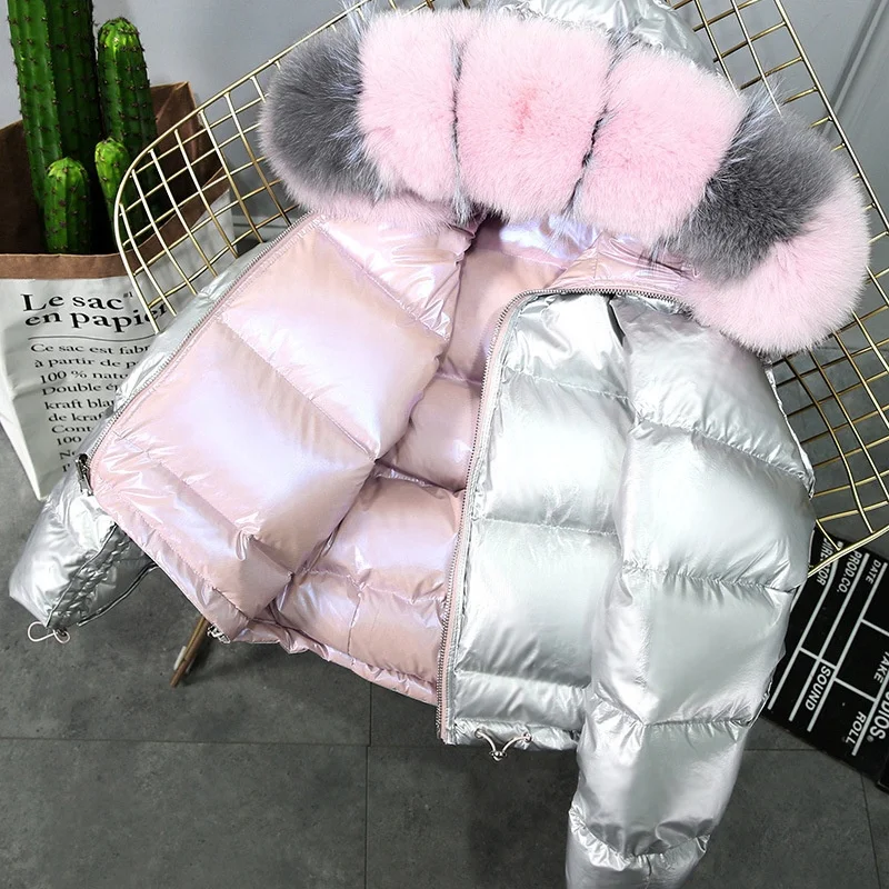 Winter Coat Down Jacket Women Short Big Fox Fur Collar Down Coat Fashion New Style Reversible Shiny Pink Customize Polyester
