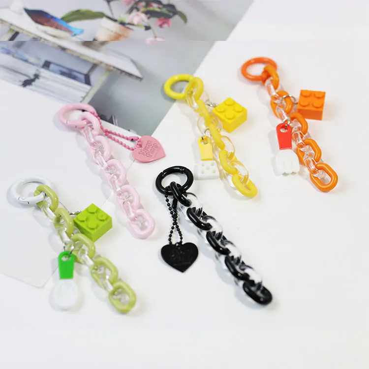 Creative Kawaii Cartoon Mobile Phone Hanging Chain Custom Heart Shaped Acrylic Cute Block Keychain