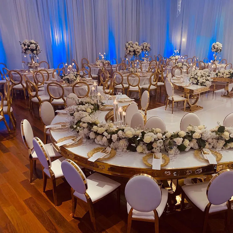 Hotel Banquet Wedding Events Party Round Oval Back Gold Metal Stainless Steel Stackable White Wedding Chairs