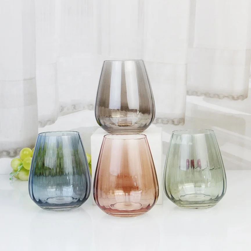 Wholesale new Design Wine Glass lead free crystal ribbed glass tumbler with colored luster