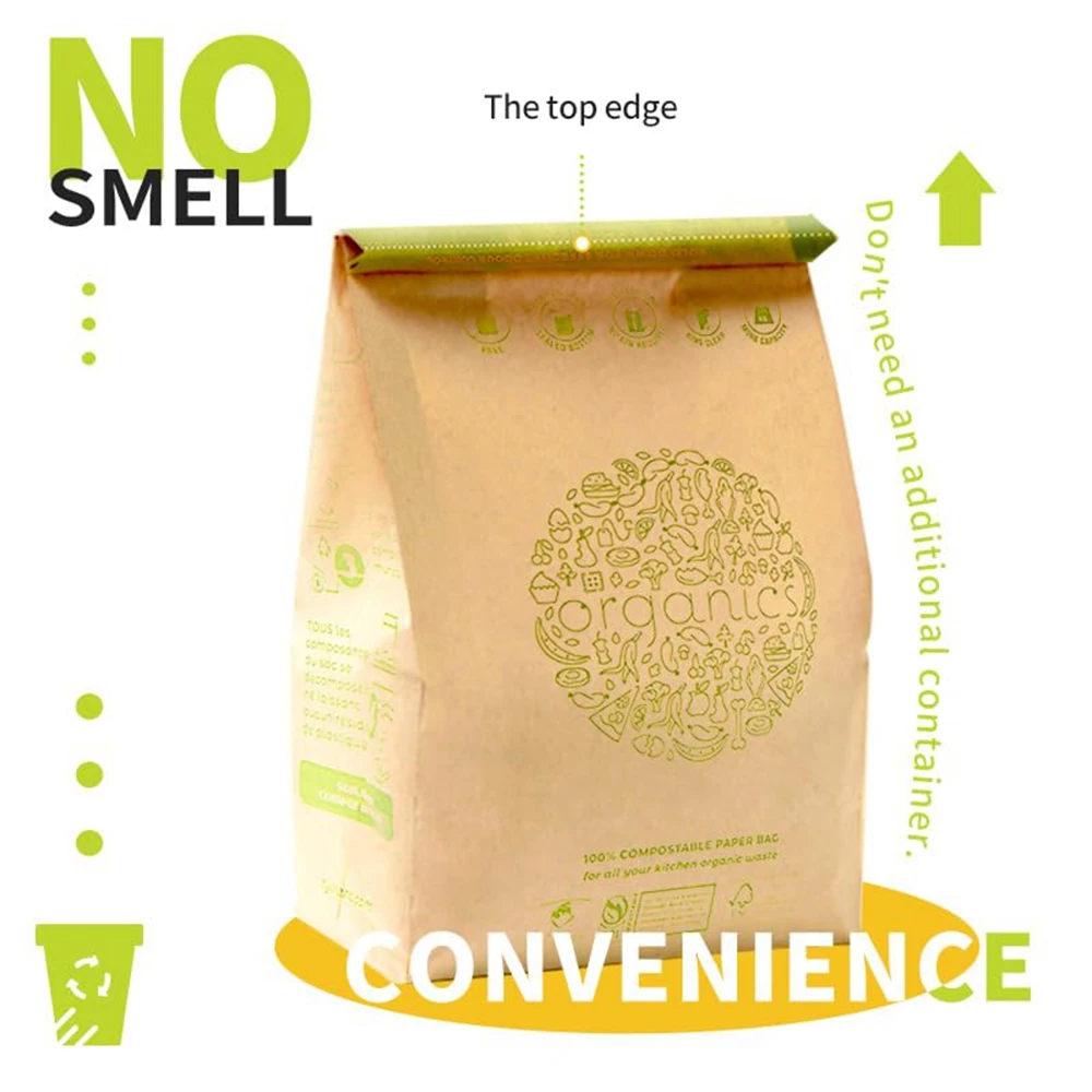 Custom Printed Compostable Food Waste Packaging Biodegradable Disposable Brown Kraft Paper Garbage Bag Without Handles