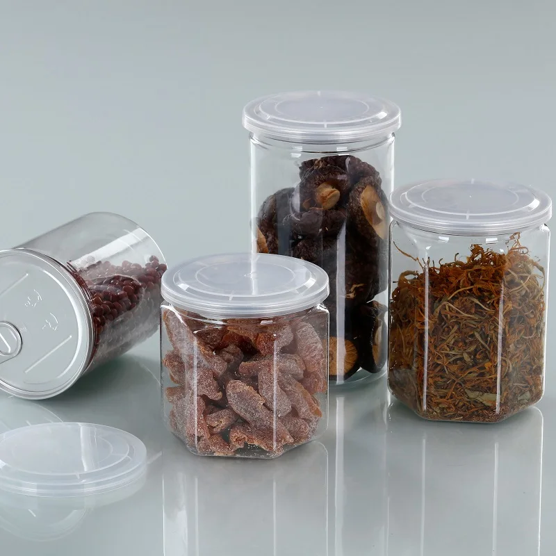 Custom Label Transparent Hexagon Plastic PET Can Spice Jars With Easy Open Pull Ring Lids