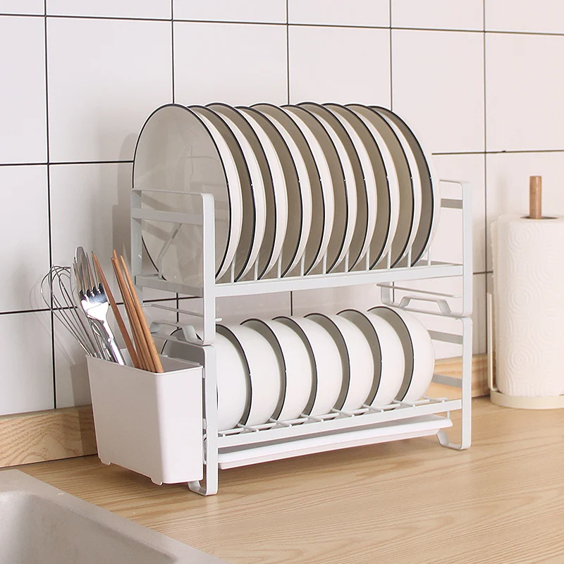 2-tier detachable dish rack storage dish draining rack with plastic plate