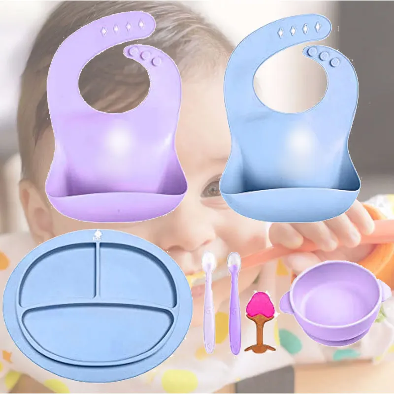 Silicone Baby Tableware Feeding Set Baby Placemat Bib Plate Bowl Sipper Snack Cup spoon fork with suction OEM guangzhou factory