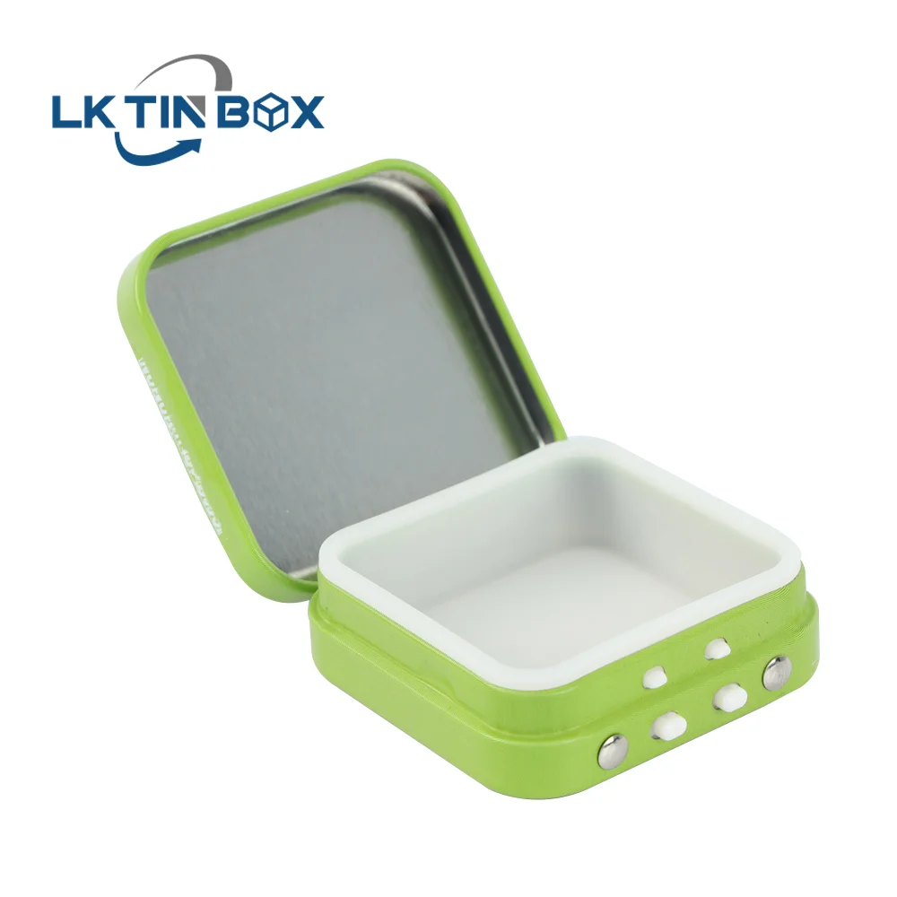 Custom child proof tin CR hinged mini tin case candy mint edibles box with lock mechanism 50x50x15mm