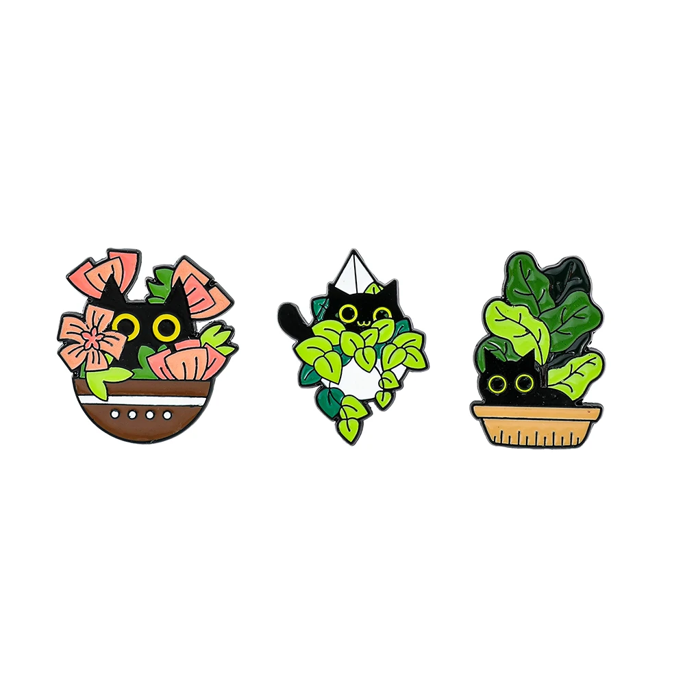 Cats in Plants Enamel Pins Custom Black Cat Potted Plant Brooches Lapel Badges Fun Animal Plant Jewelry Gift for Kids Friends