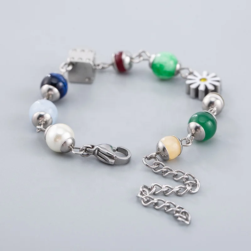 Popular Romantic Sweet Cool Style Stainless Steel Splicing Colorful Beads Dice Daisy Bracelets For Women Jewelry