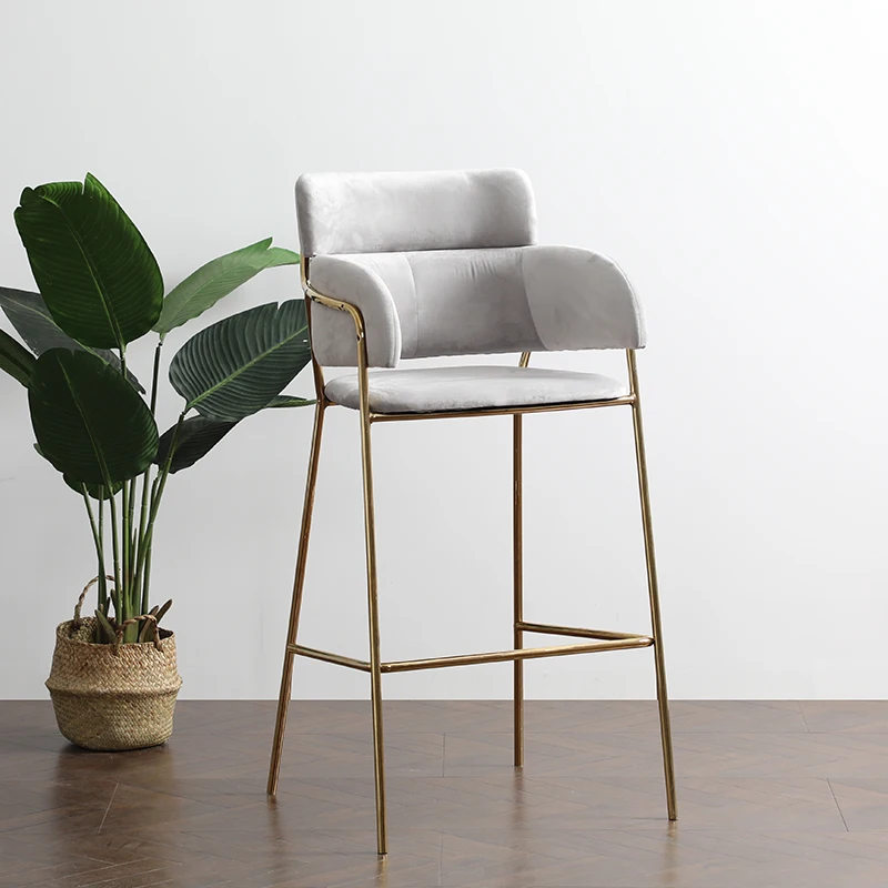 Luxury Nordic Home Furniture Metal Frame Fabric Soft Cushion Luxury High Chair Bar Stool With Back Footrest
