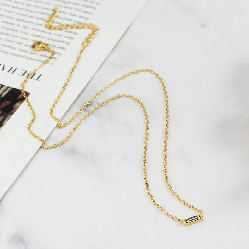 Minimalist Jewelry Stainless Steel 18k Gold Plated Square Zircon Stone Necklace for Women Crystal Pendant with Cable Chain