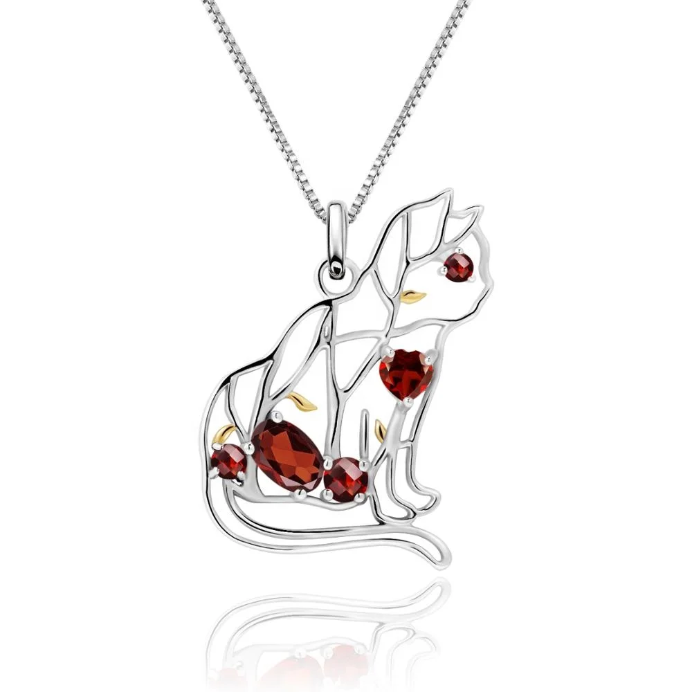 Abiding Jewelry Cat Animal Garnet Gemstone Women Handmade Fashion 925 Sterling Silver Custom Pendant Necklace