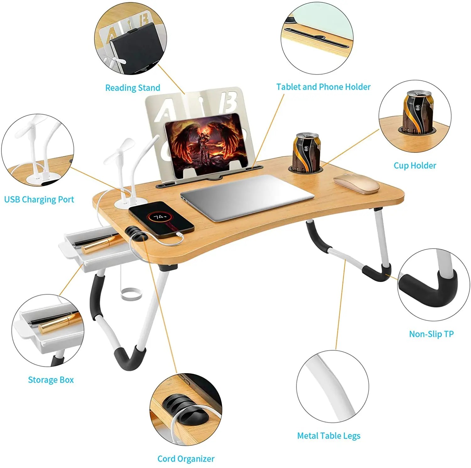 Mesa Dobravel Customization Mesa Para Laptop Adjustable Portable Laptop Table Foldable with USB Storage Drawer For Bed