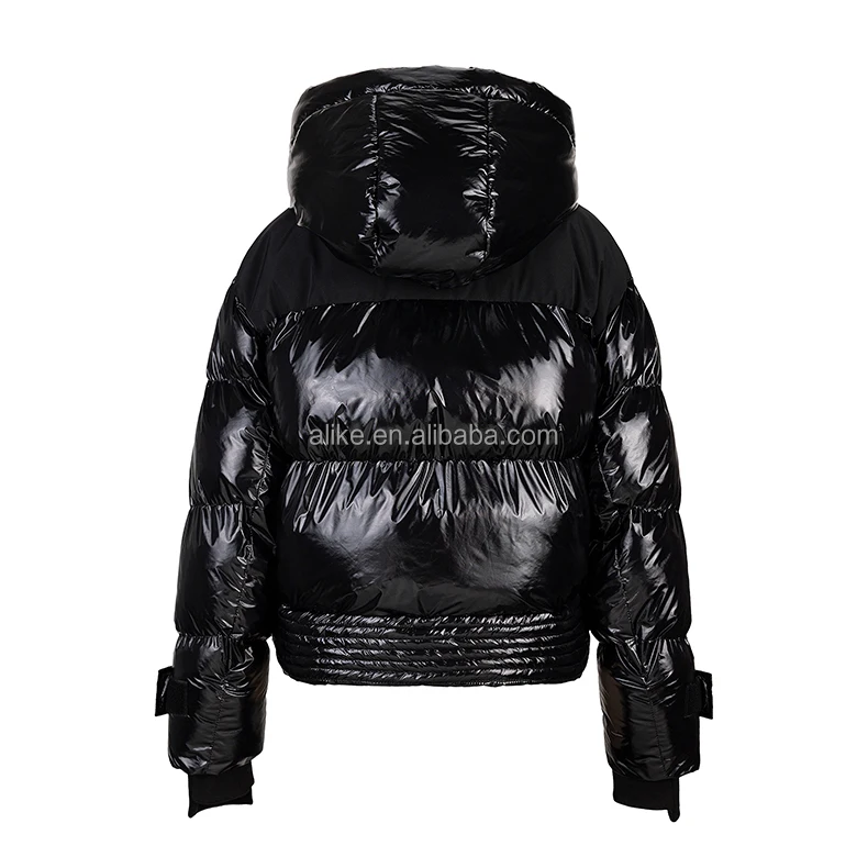 Winter Women Jacket Shiny Pu Nylon Fashion Drop Shoulder Y2K OEM Factory Black Crop Custom Puffer Women Jacket