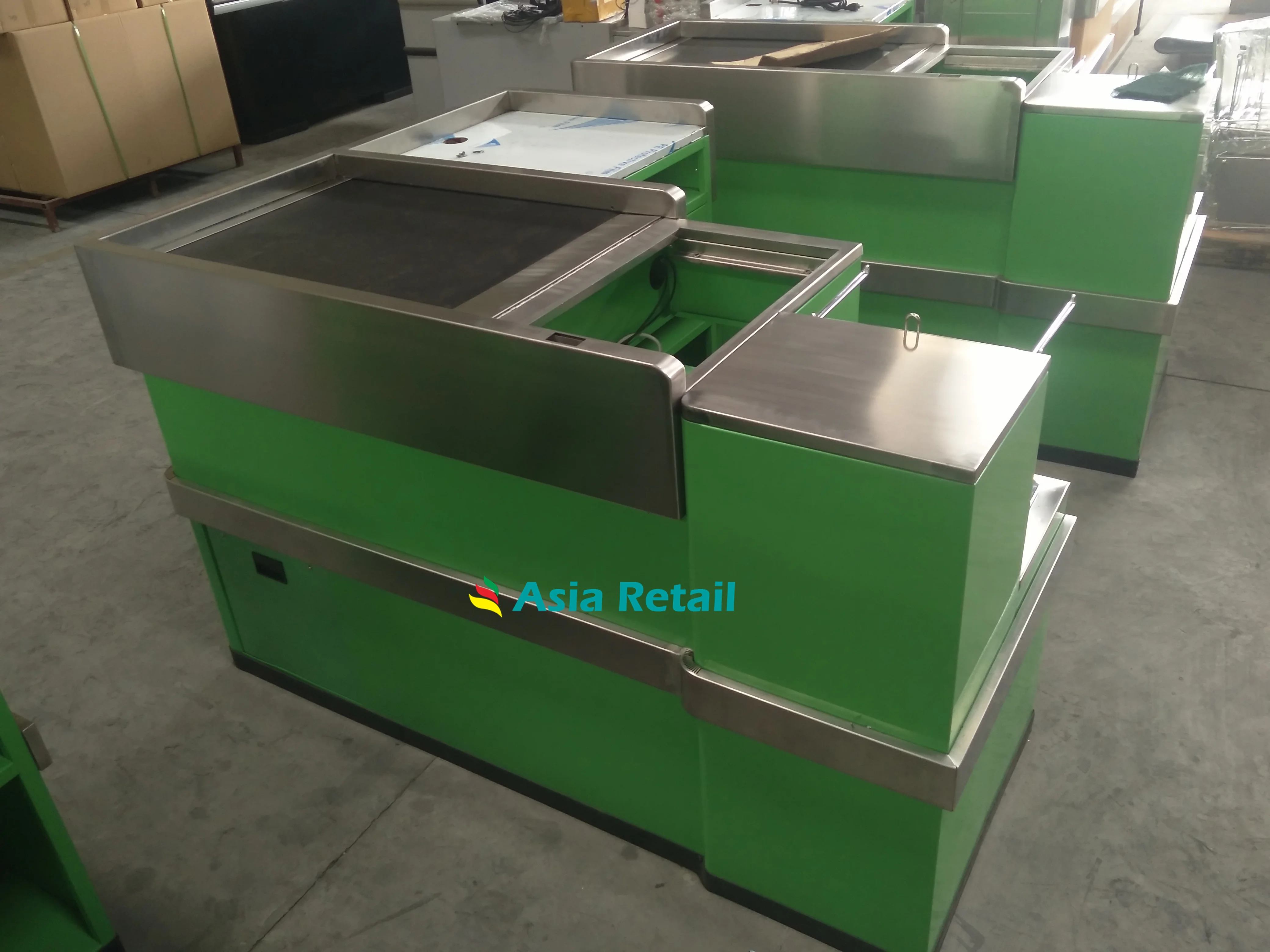 2023 New design supermarket checkout counter with conveyor belt supermarket cashier counter
