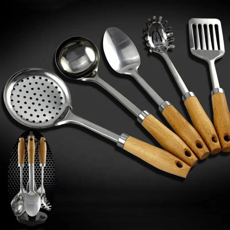 Customized accessories tools kitchenware cooking stainless steel wooden kitchen utensils with wood handle