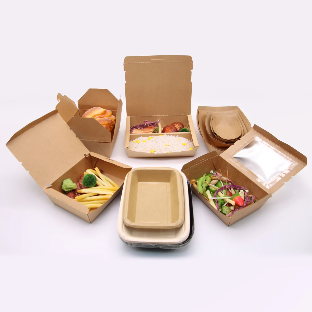 Custom printing logo disposable recyclable food containers packaging takeout fast food kraft paper boxes