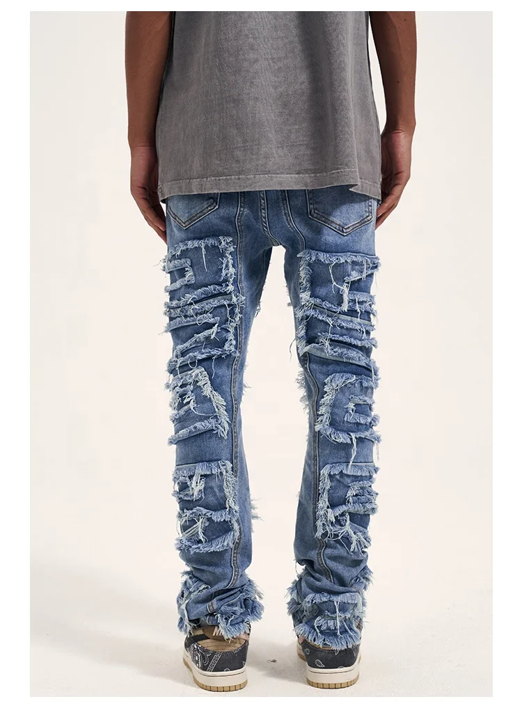 OEM FOG private label blue fashion brand drop shipping stock ripped patch jeans men
