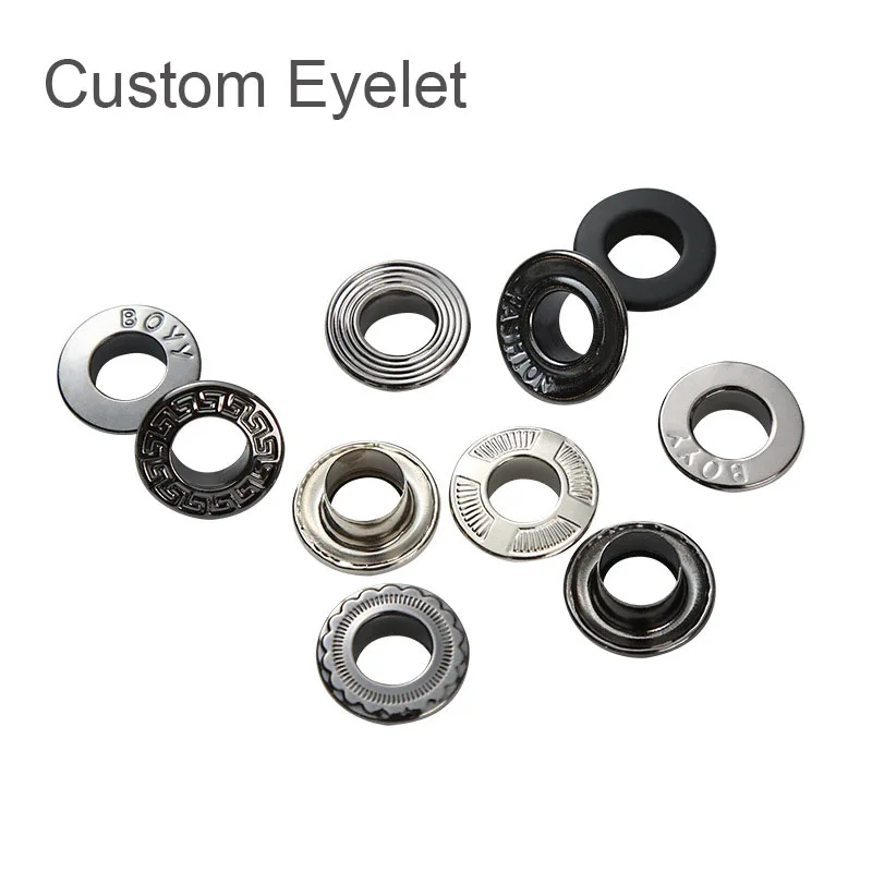 Custom LOGO Color Nickel Brass Gun Black Eyelet Curtain Rings Grommet Tiny Brass Metal Eyelet for Garments Leather Handbag