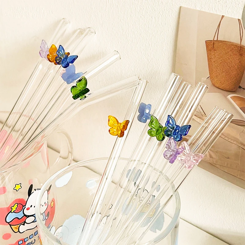 Custom Drinking Clear Bent Straight butterfly Bow-tie Bow Shape Glass Straw Straws Set with Design for Soda Can Cup Accessories