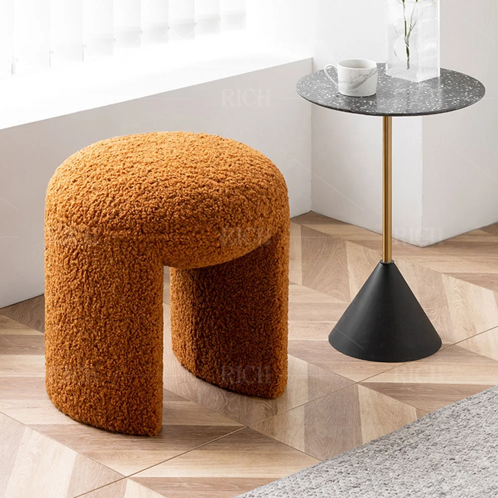 caramel color round home living room stool stylish comfy small Italian luxury ottoman stool faux wool ottoman lambs wool stool