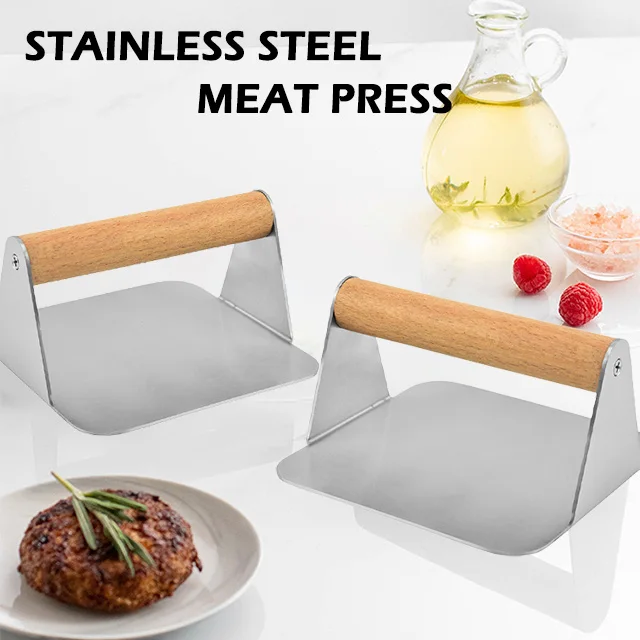 China Factory custom Kitchen Helper Stainless steel Square wooden handle hamburger meat press