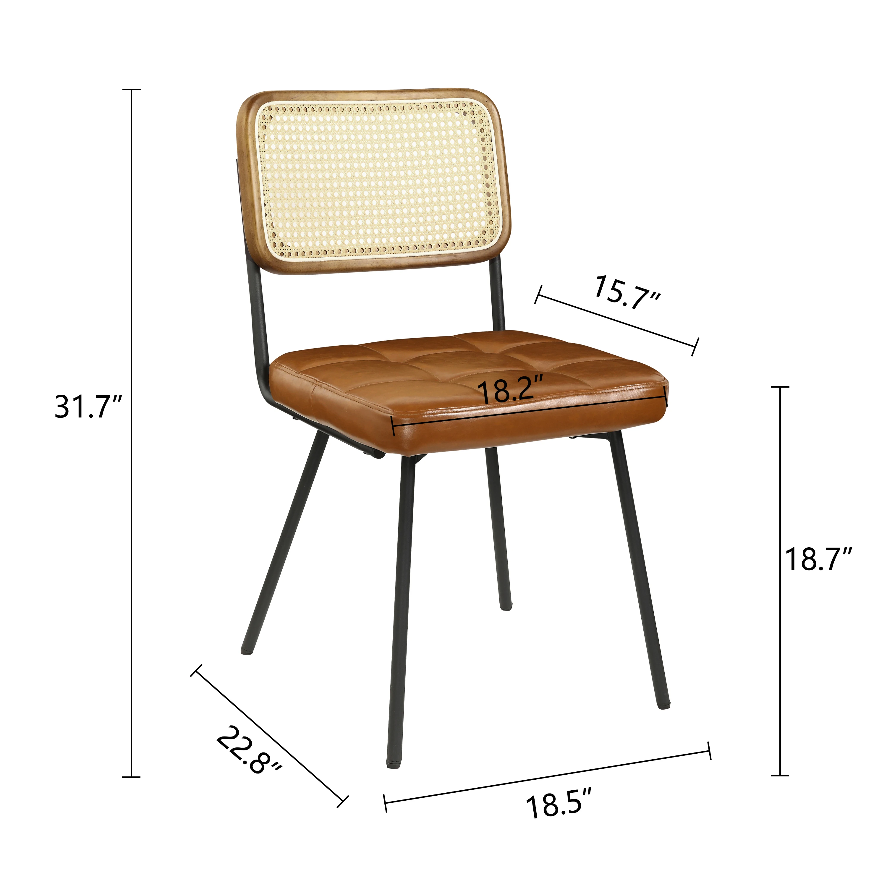 Wood Rattan Armless Rattan Back Black Wood Frame Dining Chairs Set of 2 Genuine Leather Upholstered Kitchen Chairs