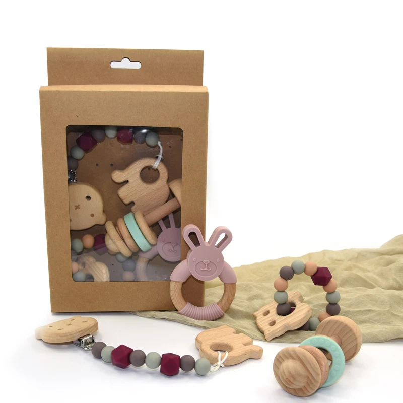 Wholesale Wooden Teether Bpa Free Silicon Wood Teethers  Set (1600508351135)