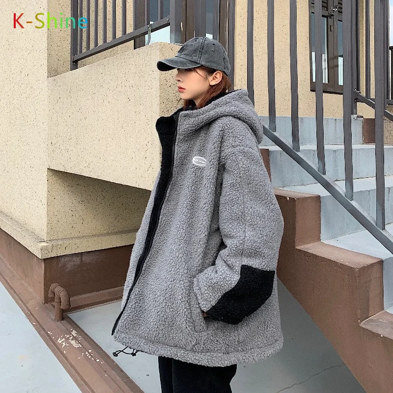 2021 reversible / Two-sided jacket women new winter Korean retro loose padded lamb wool cotton padded coat