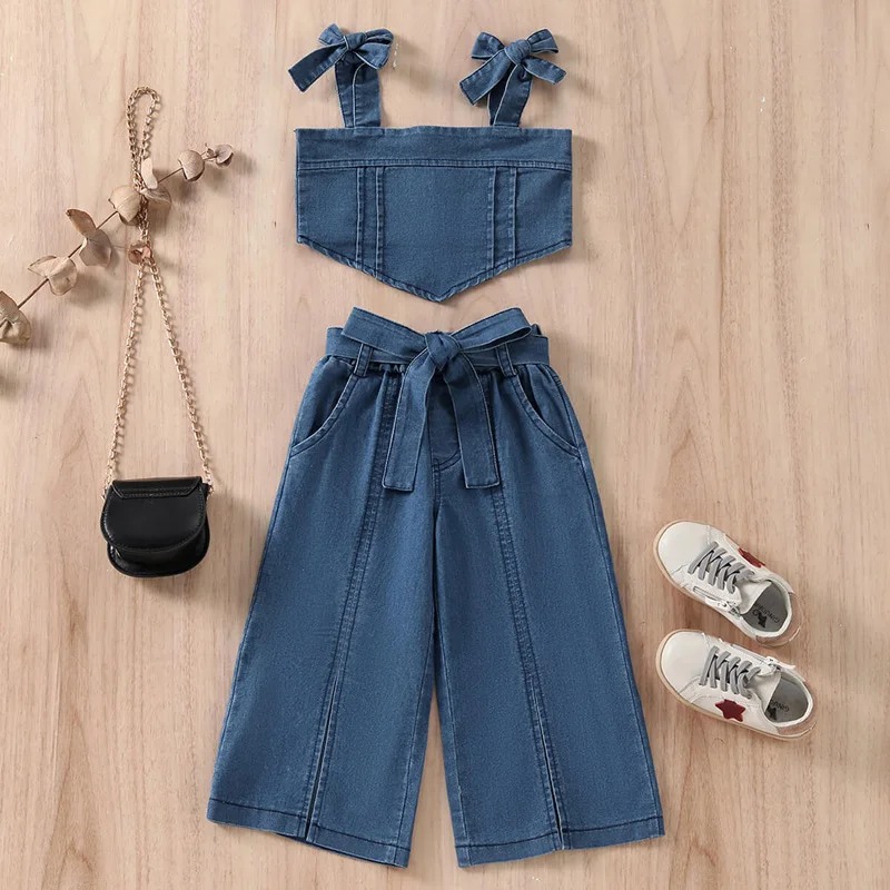 New Arrival 2022  Fashion Wholesale Clothes For Kids Girls Summer Denim Vest Wide Leg Jeans Pants Kids Clothing