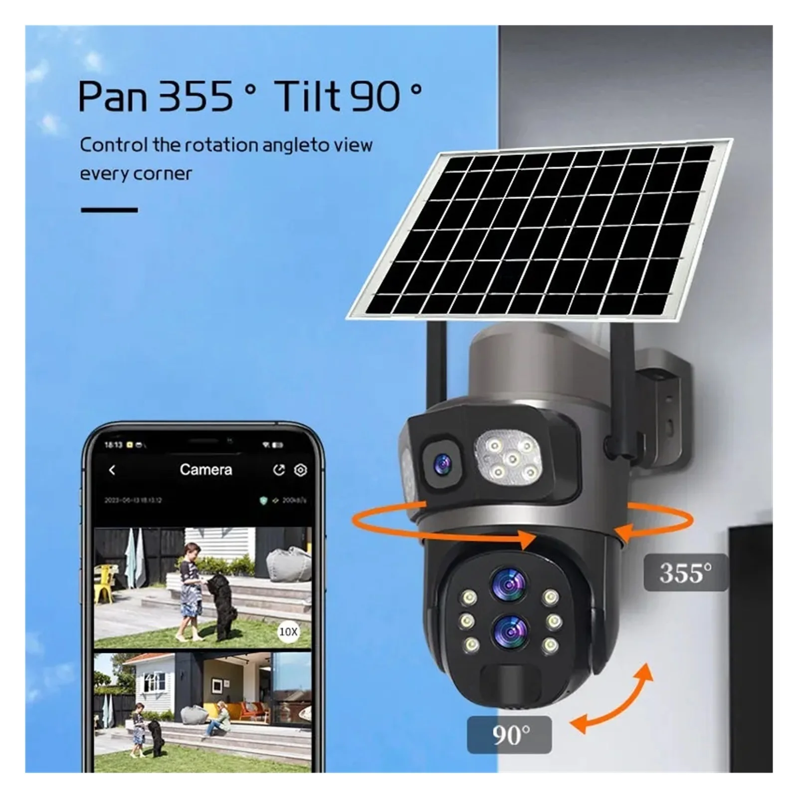 6K Outdoor Solar 4G Camera Three Lenses Two Screens 10x Optical Zoom HD Wireless Video Monitor Recorder Home Cloud IP