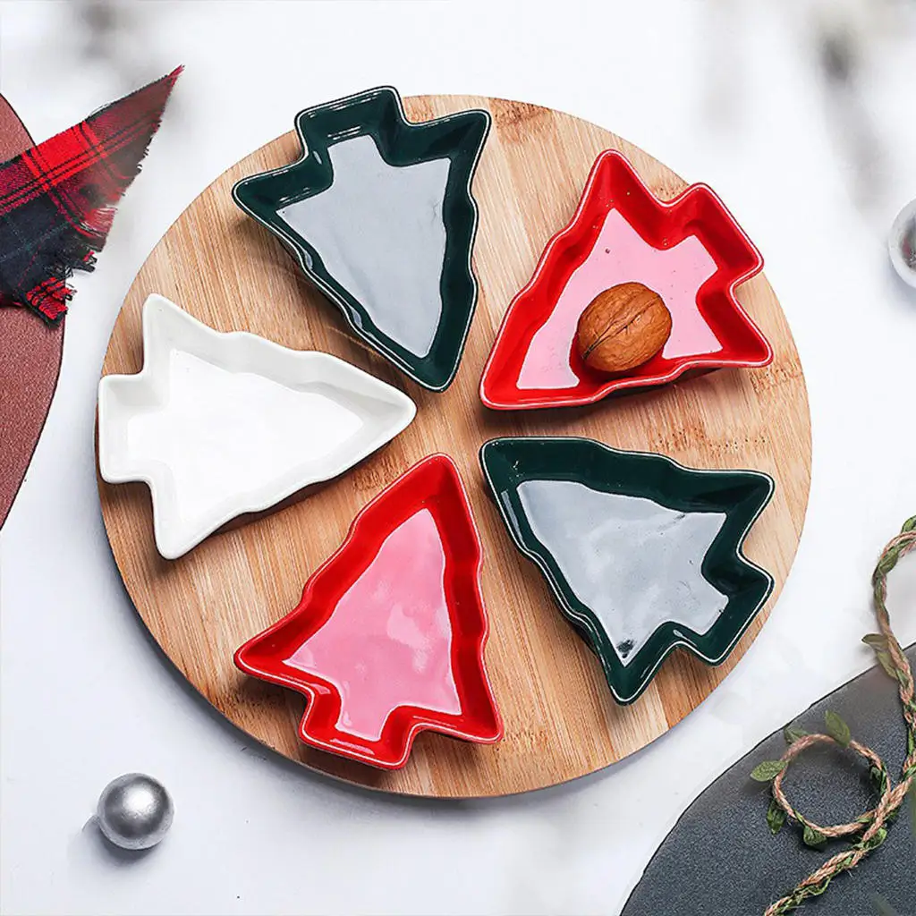 Christmas Tree Shaped Plates with Bamboo Tray Candy Nut Serving Container Platters Snacks Fruits Plate Ceramic Snack Tray