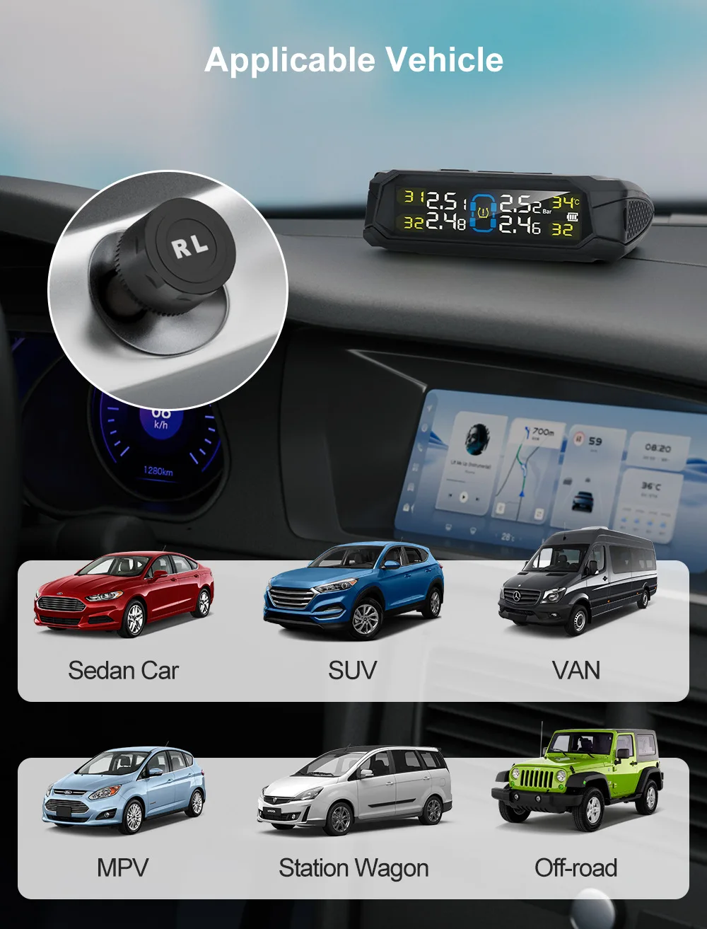 Car TPMS Tire Pressure Monitoring System Solar Charging HD Digital LCD Display Auto Alarms Wireless External Sensors TPMS