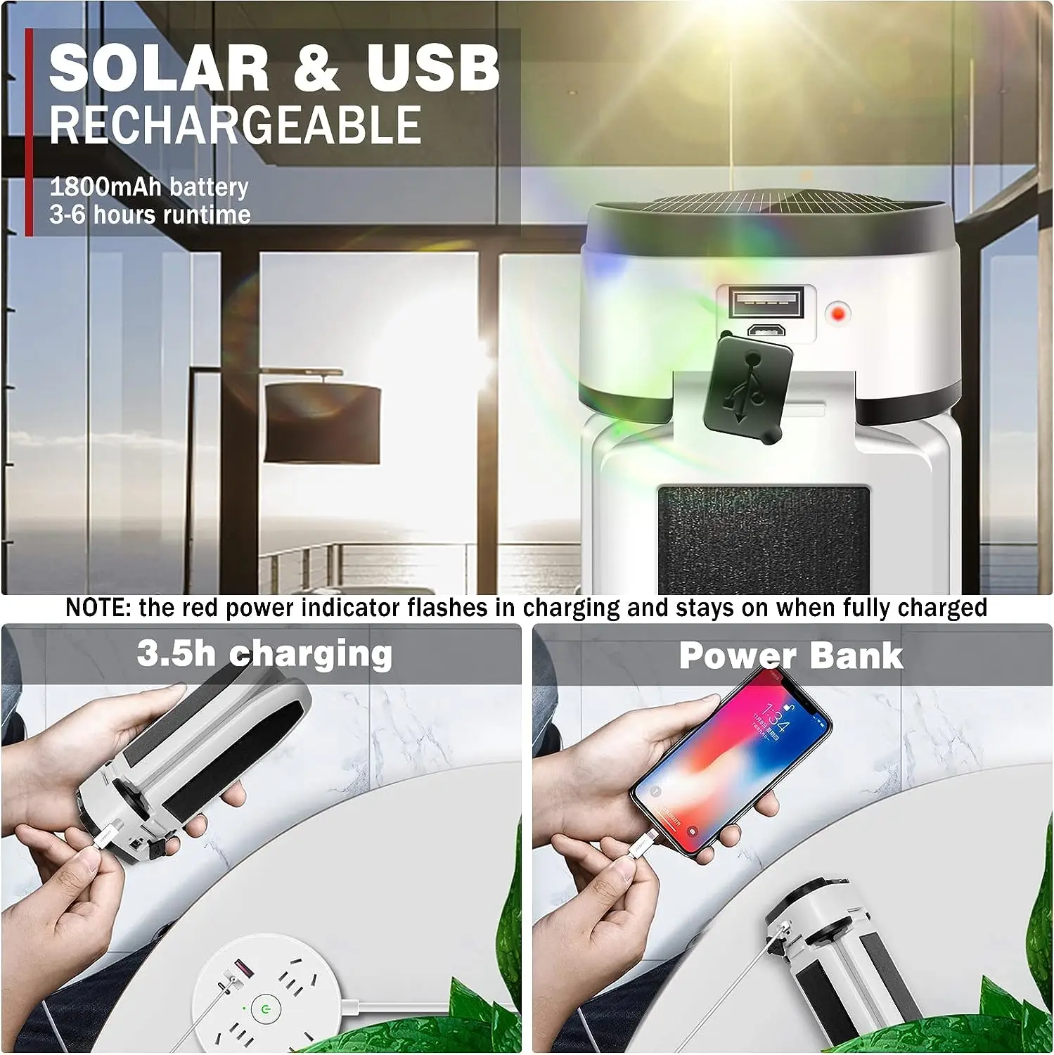 Folding Solar LED Camping Lantern Collapsible Light USB Rechargeable Phone Charger Portable Outdoor Waterproof Hanging Tent Lamp