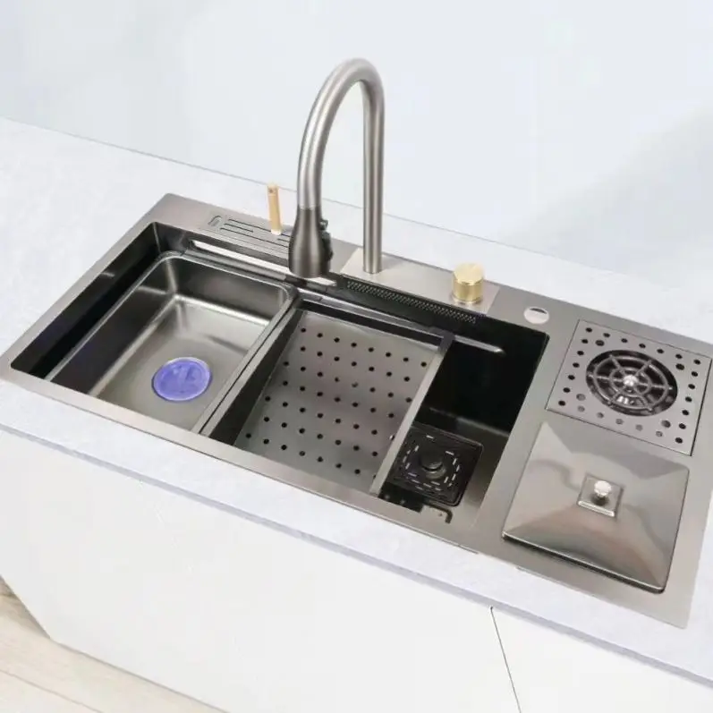 Voriva Luxury Waterfall Kitchen Sink Stainless Steel China Farmhouse Sink Big Single Bowl with Dish Rack Under Mount Sinks