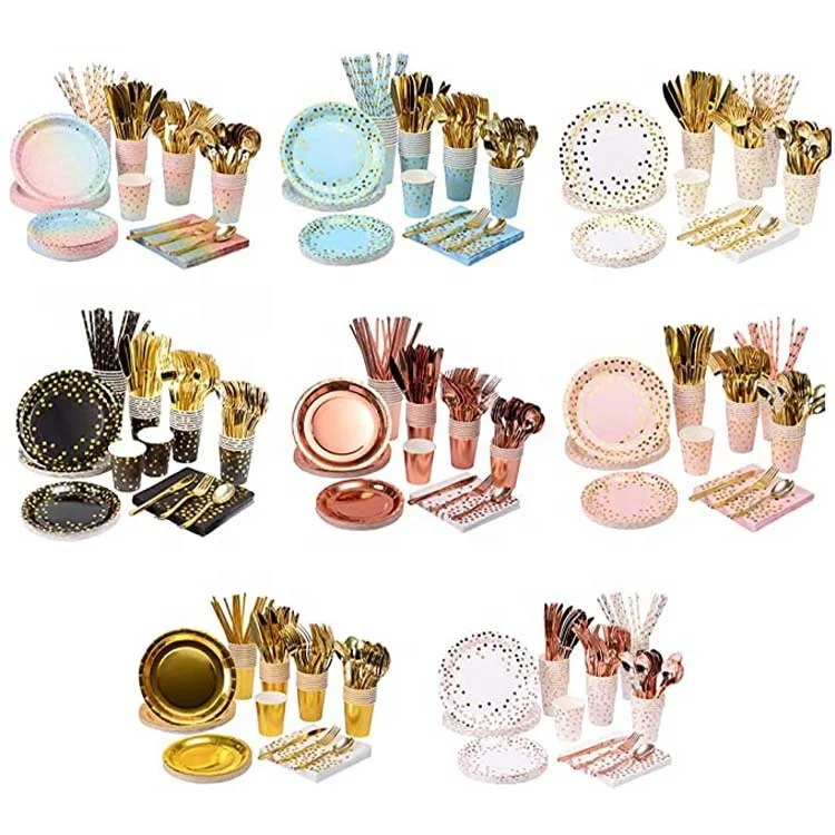 Оптовая продажа одноразовая тарелка для салфеток вилка нож розовое синее черное золото бумажная посуда