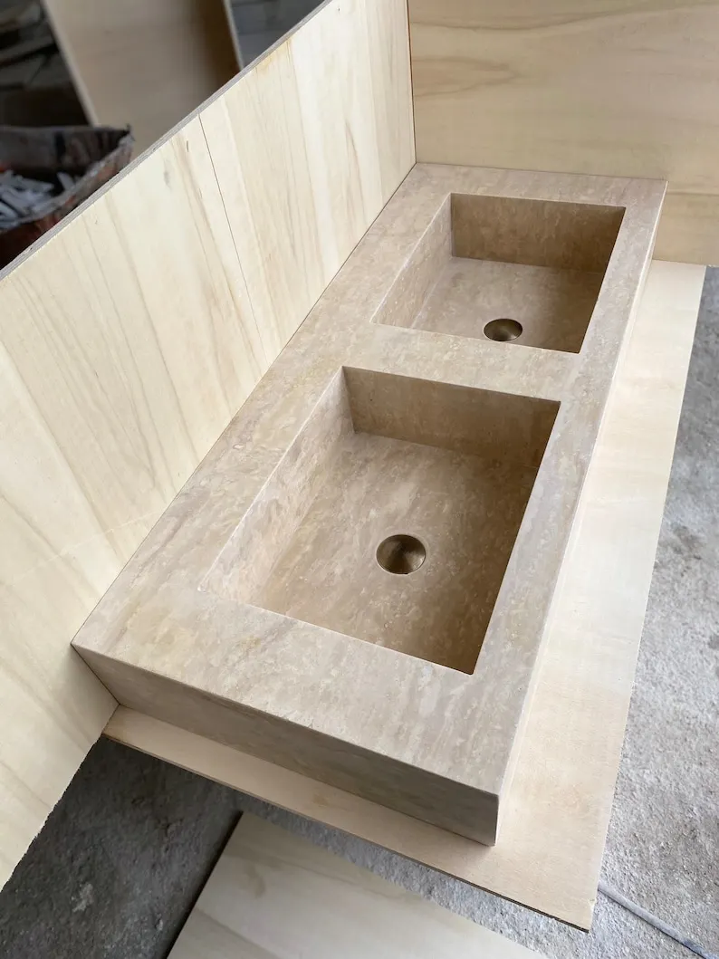 Stone Vanity Top Travertine Double Sink Bathroom Vanity Top Modern Natural TR Marble Beige 3D Model Design Bathroom Decor,villa