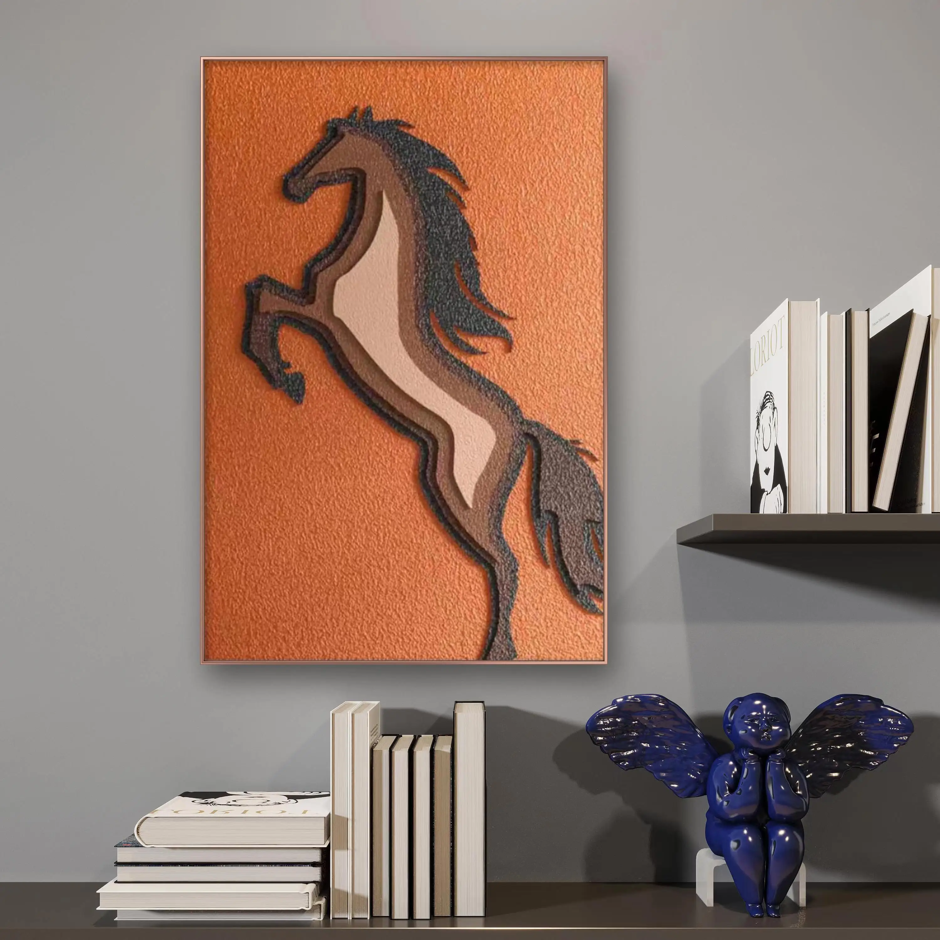 Customized living room foyer corridor background wall decoration painting 3D sandstone wood carvinging horse