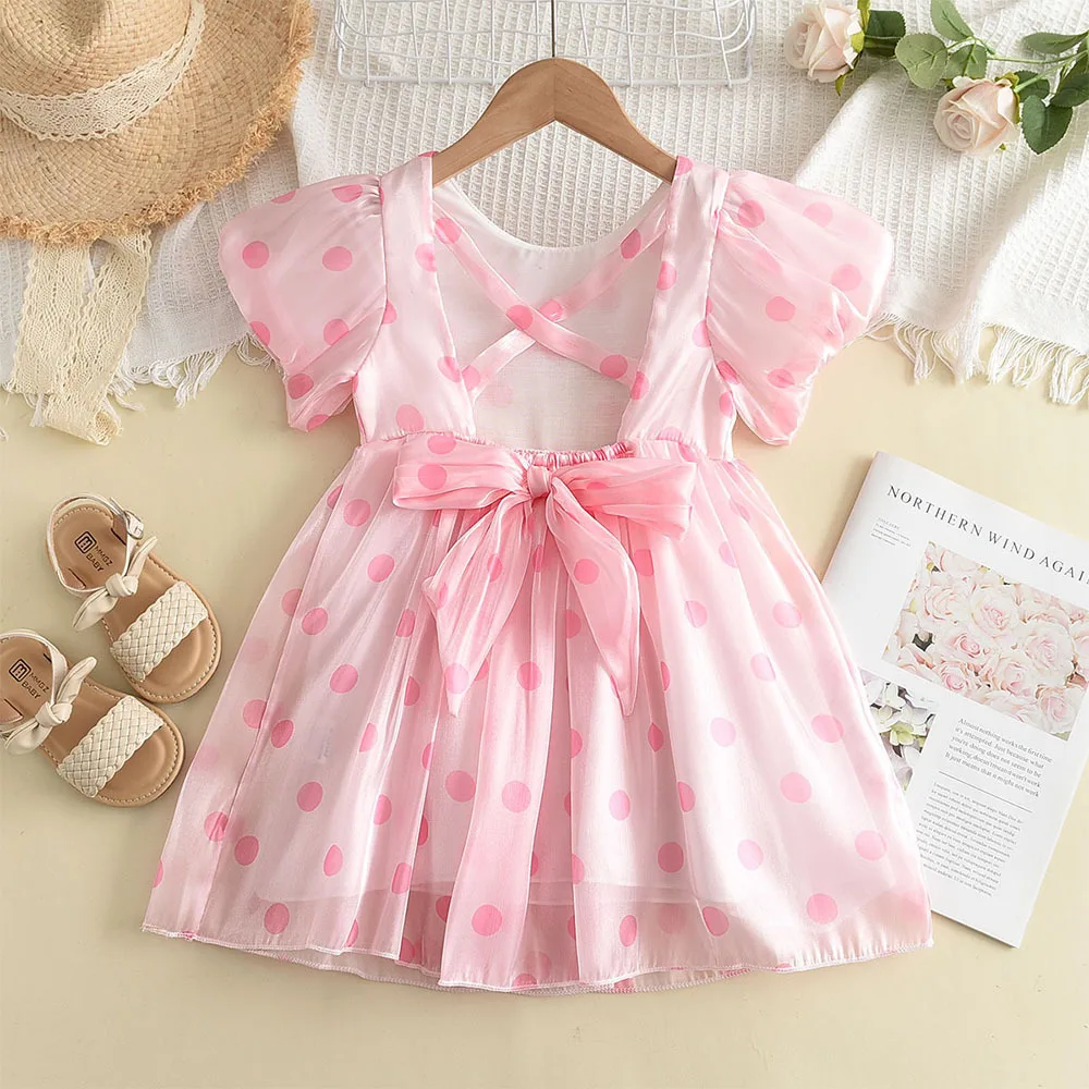 2508 2023 New Girls Pink Color Princess Dress Children Short Sleeve Chiffon Dress Korean Style