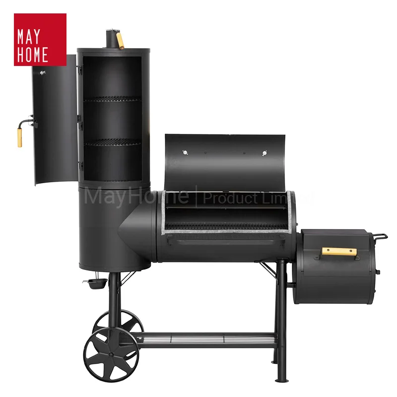 Большой промышленный вертикальный офсетный гриль для мяса, барбекю, гриль с деревянными гранулами, уголь для курильщика с колесами