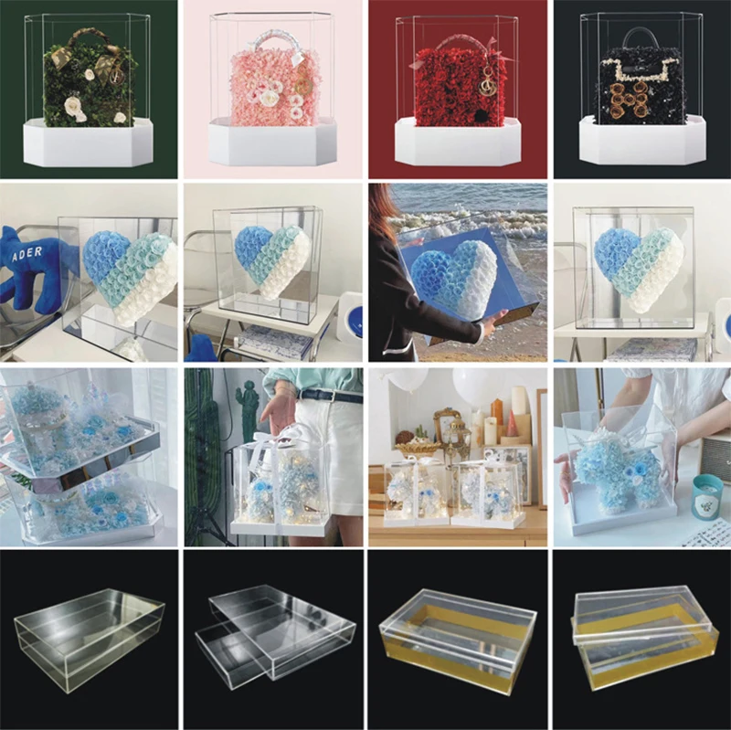 Wholesale Custom Shape Preserved Flower Box Roses Luxury Clear Mirror Acrylic Flower Box with Lid for Wedding Display