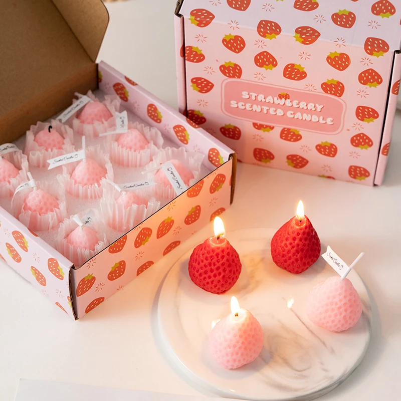 9 PACK Fruit Aroma Soy Wax Decorative Candle for Table Photo Prop Birthday Gift Strawberry Shaped Scented Candle
