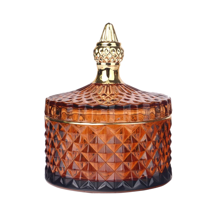 300ml Diamond Cut Glass Candle Container With Lid Amber Glass Jar For Scented Candle