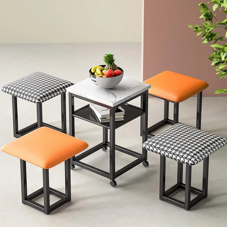 Home Living Room Office Sofa Side Table Set Multi 5 in 1 Marble/MDF Table Top Leather Fabric Tea Coffee End Table with Stool